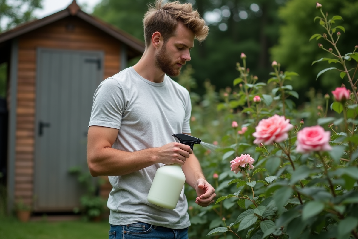Jeune homme appliquant un spray naturel sur un rosier
