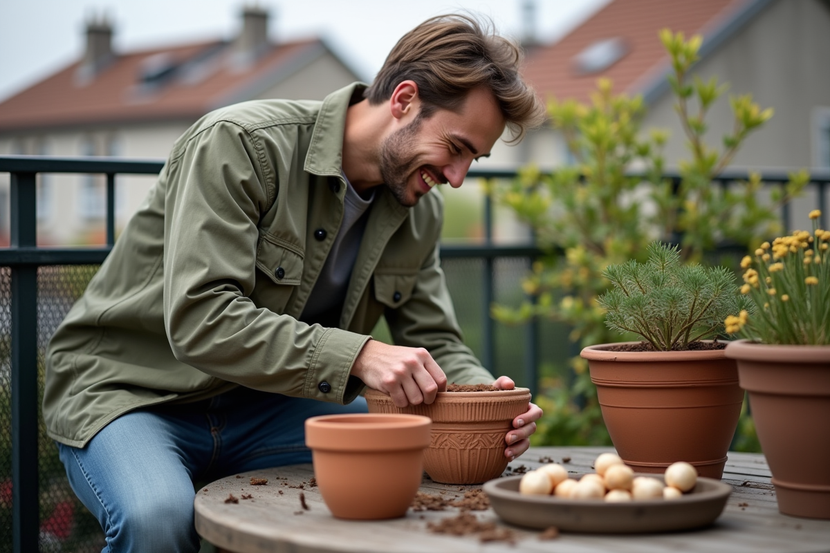 Jeune homme arrangeant des bulbes dans un pot sur un balcon