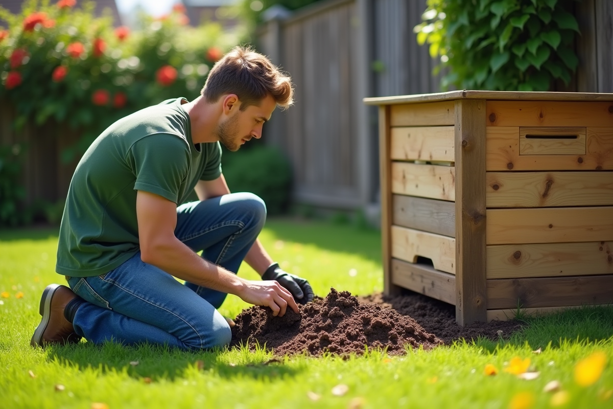 Jeune homme tournant le compost dans le jardin