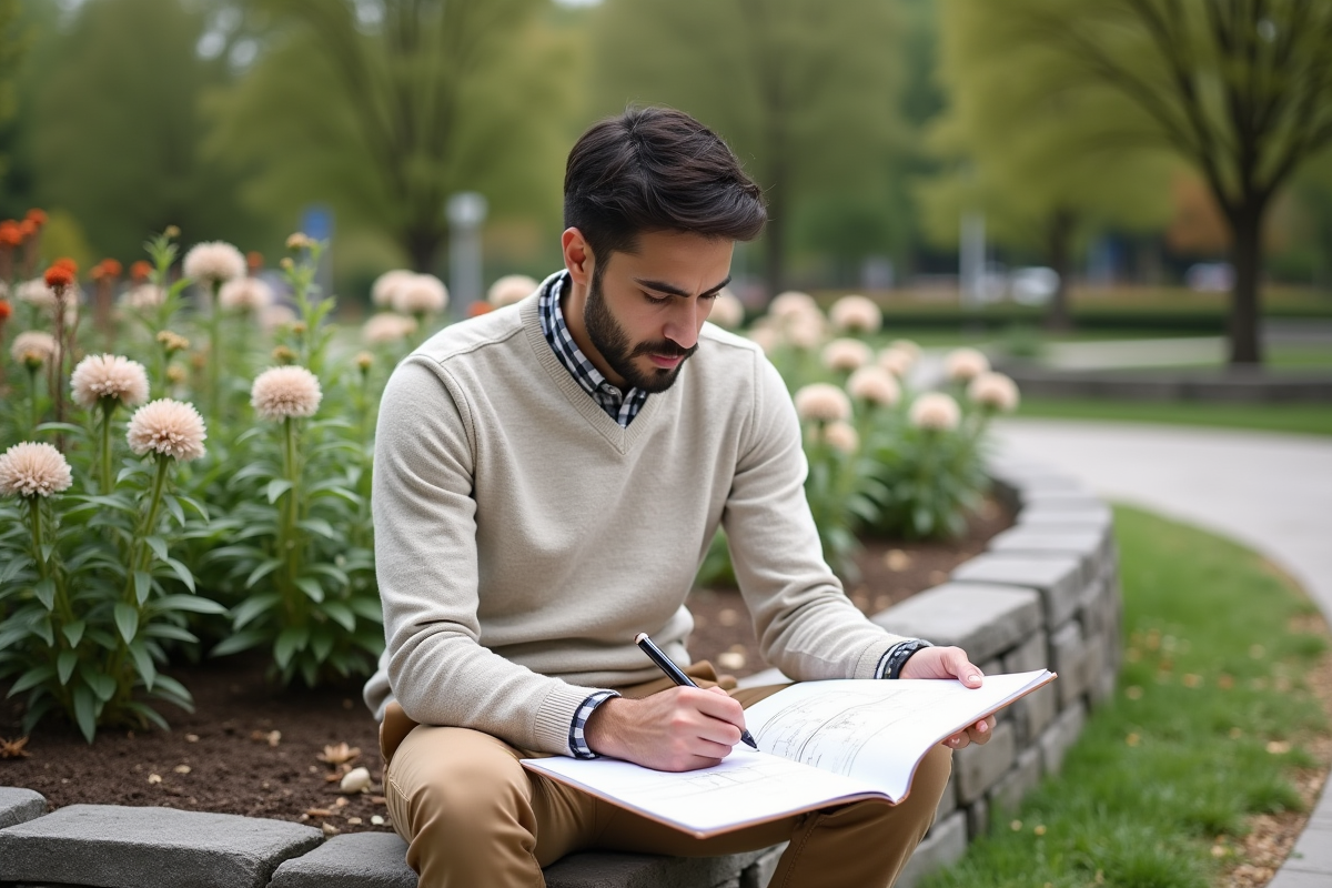 Jeune homme dessinant un plan de jardin dans un parc