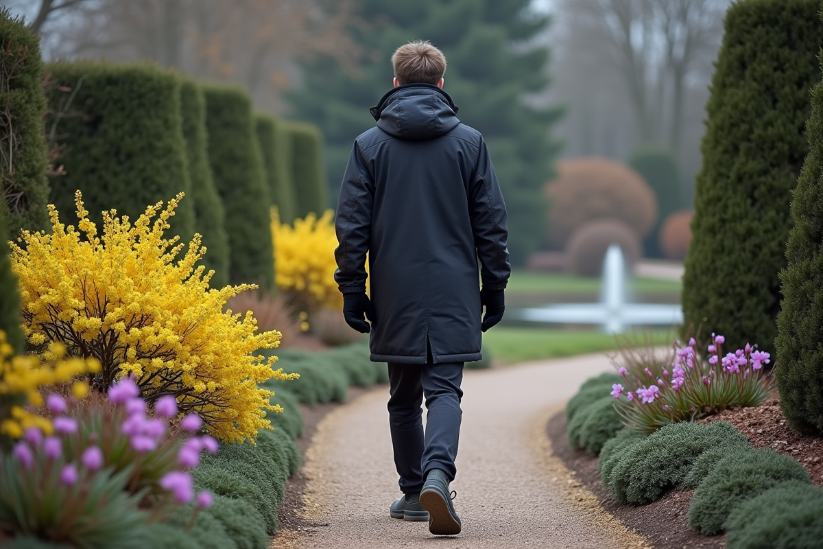 Jeune homme marchant dans le jardin en hiver avec des fleurs