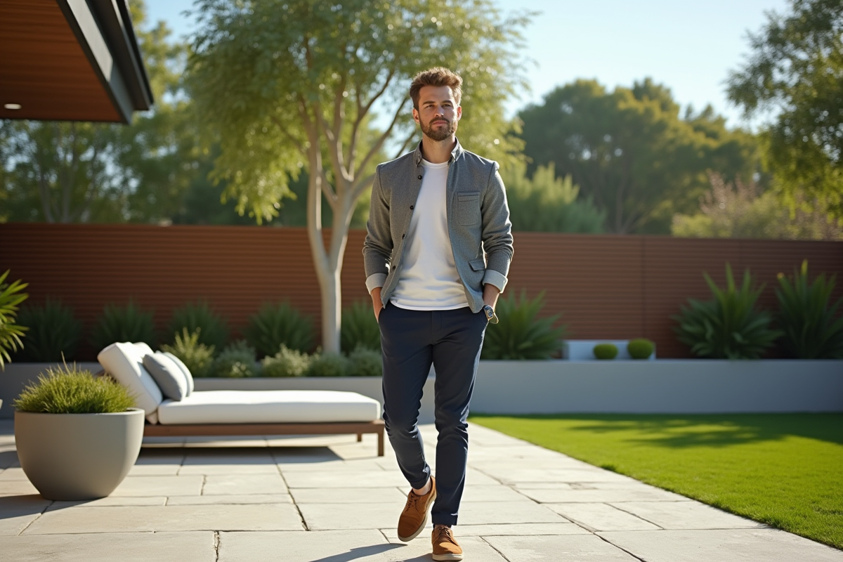 Jeune homme dans un patio évaluant un jardin paysager