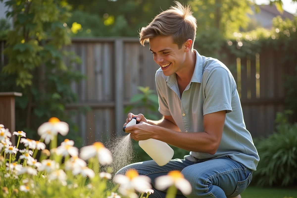 Jeune homme pulvérisant une plante dans un jardin ensoleille