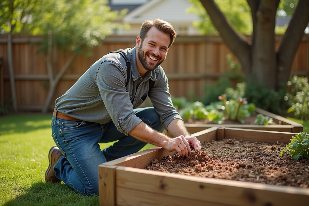 Jeune homme mulchant la terre dans un jardin