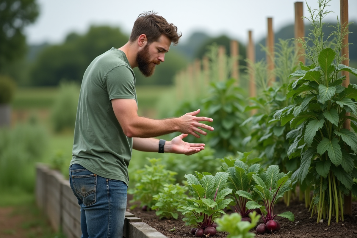 Jeune homme montrant betteraves et plantes compagnes