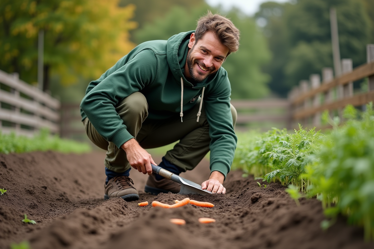 Jeune homme creusant des sillons pour planter des carottes