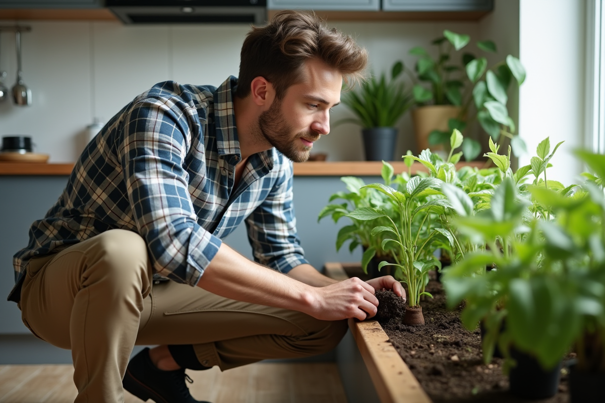 Jeune homme vérifiant lhumidité des plantes dinterieur
