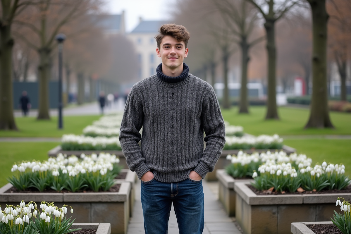 Jeune homme devant des plantes résistantes en parc urbain d