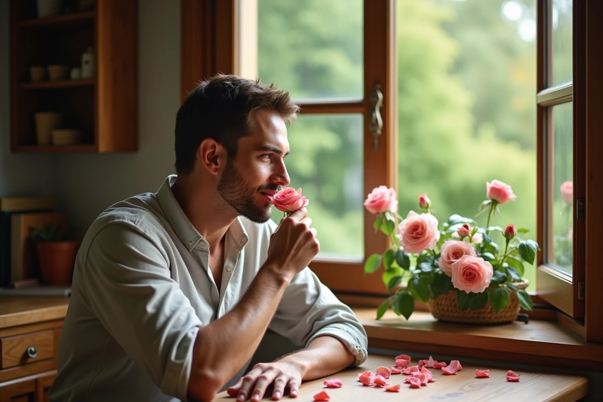 Jeune homme sentant une rose dans une pièce chaleureuse