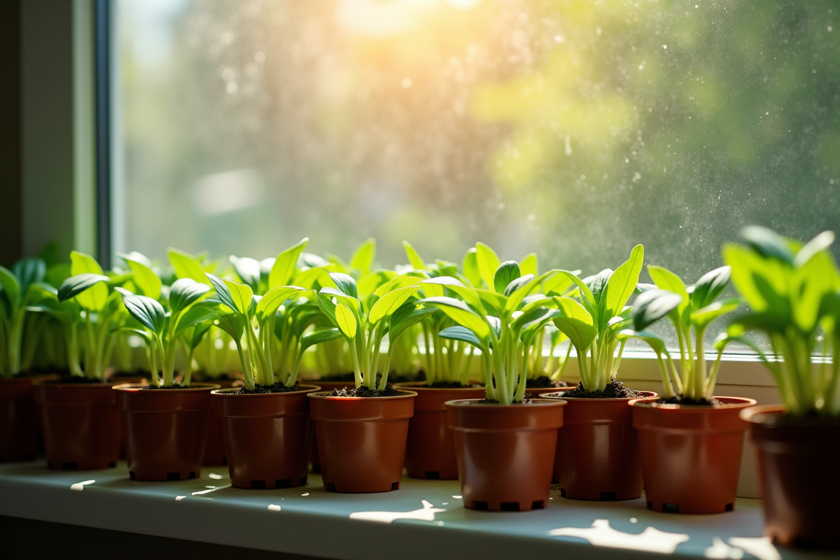 Jeunes plants de légumes sur une fenêtre ensoleillée