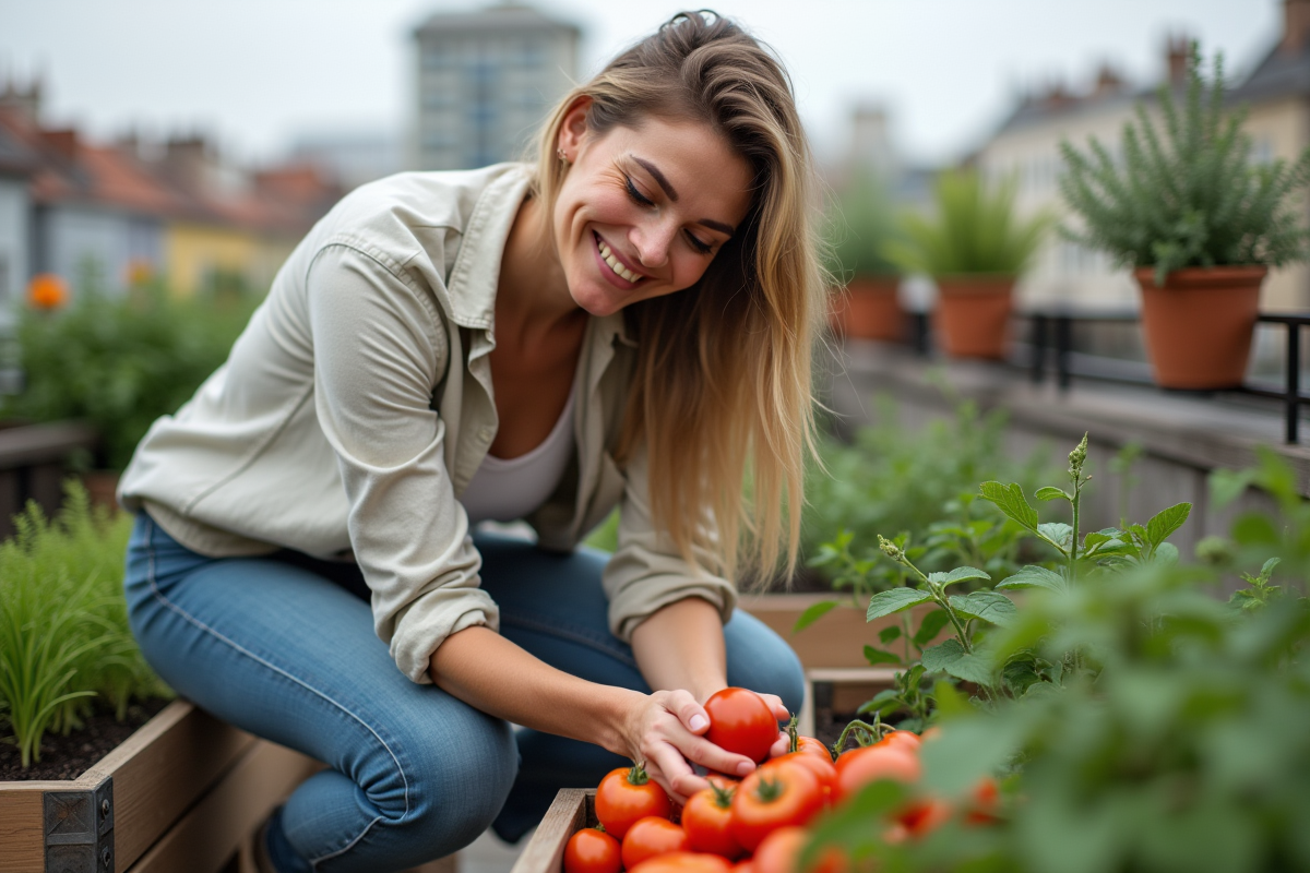 Femme souriante récoltant des tomates sur un balcon urbain