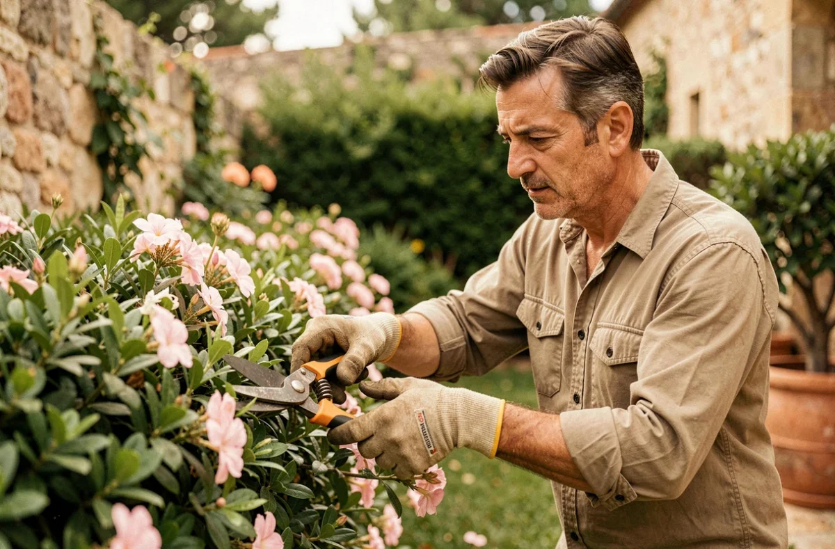Paysagiste professionnel Kevin Clare taillant une haie méditerranéenne dans un jardin privé à Marseille