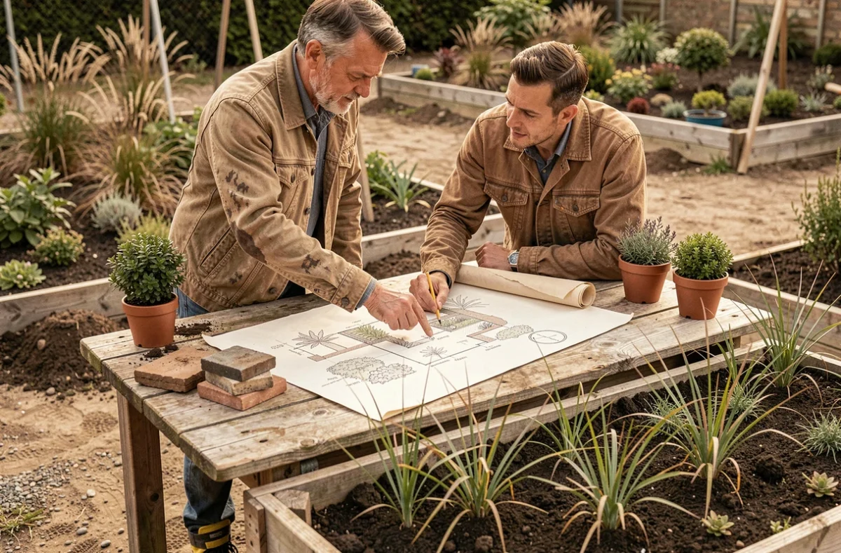 Paysagiste consultant un plan d'aménagement paysager sur un chantier en Morbihan