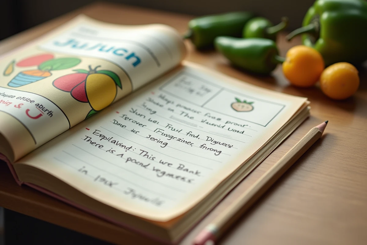 Livre éducatif ouvert sur les fruits et légumes en J avec notes de quiz manuscrites et jalapeños posés sur un bureau en bois