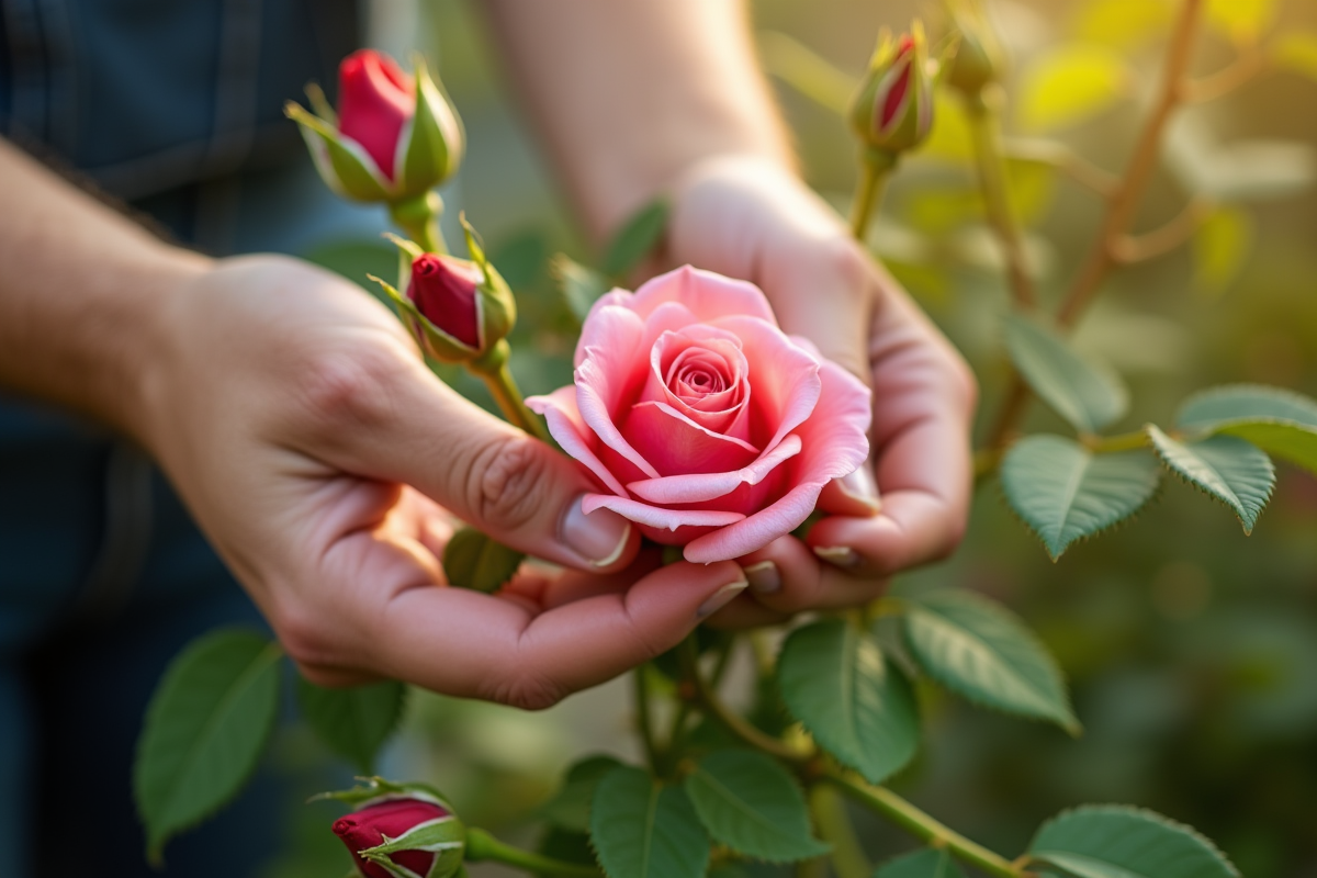 Mains de jardinier prenant soin d'une rose saine en plein jour