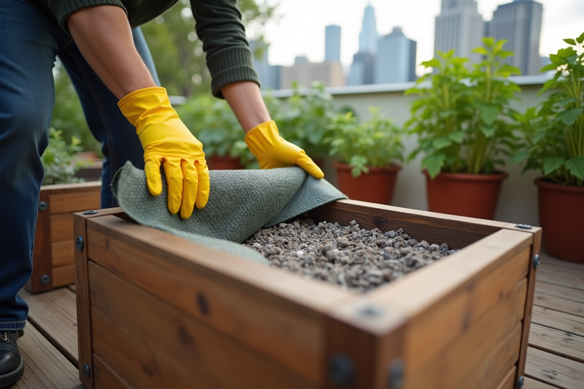 Mains en gants ajustant tissu geotextile sur planter
