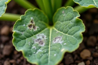 Feuille de courgette atteinte d'oïdium et de mosaïque virale dans un potager en 2026