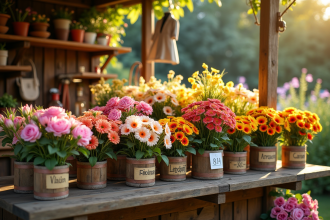 Marché de fleurs en plein air avec bouquets colorés