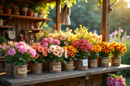 Marché de fleurs en plein air avec bouquets colorés
