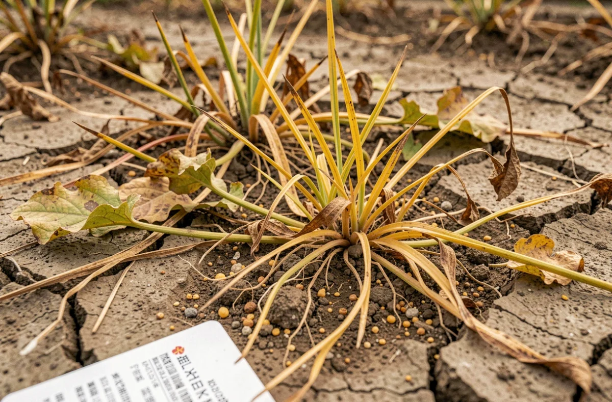 Mauvaises herbes en train de mourir après application d'un désherbant total sur sol sec