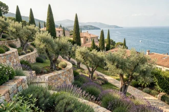 Vue panoramique d'un jardin méditerranéen aménagé en terrasses dans les Alpes-Maritimes avec oliviers, lavandes et vue sur la côte