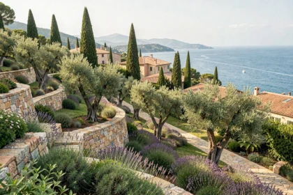 Vue panoramique d'un jardin méditerranéen aménagé en terrasses dans les Alpes-Maritimes avec oliviers, lavandes et vue sur la côte
