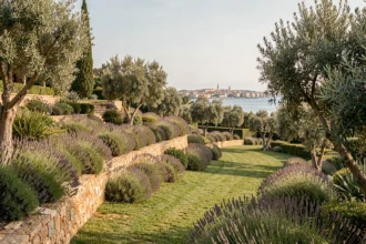 Vue panoramique d'un jardin méditerranéen paysagé à Marseille avec lavande, oliviers et vue sur la ville