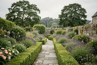 Jardin paysagé typique du Morbihan avec allée en pierre, haies taillées et végétation bretonne luxuriante