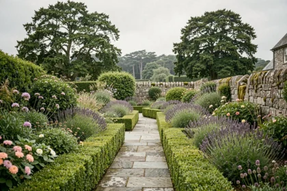 Jardin paysagé typique du Morbihan avec allée en pierre, haies taillées et végétation bretonne luxuriante