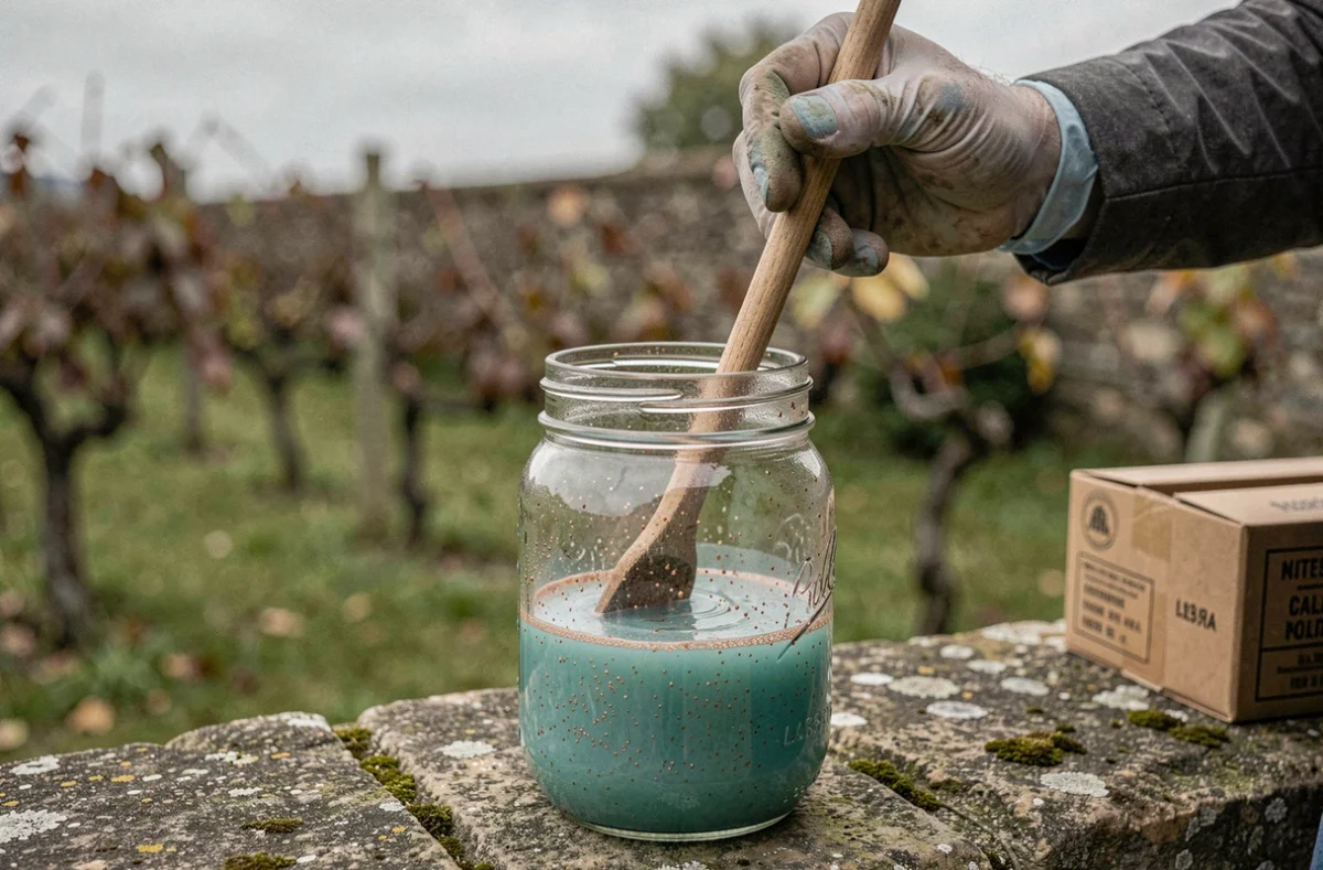 Gros plan sur des mains gantées mélangeant la bouillie bordelaise dans un bocal en verre d'un litre posé sur un muret de pierre dans un vignoble