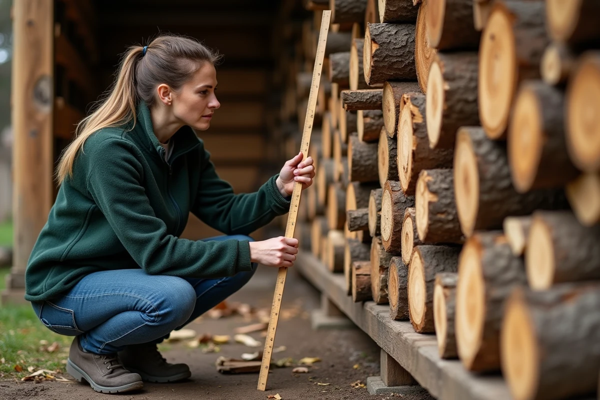 Femme mesurant un stère de bois de chauffage avec une règle en bois pour vérifier les dimensions
