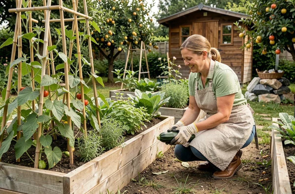 Potager biologique aménagé avec carrés de légumes et herbes aromatiques dans un jardin breton