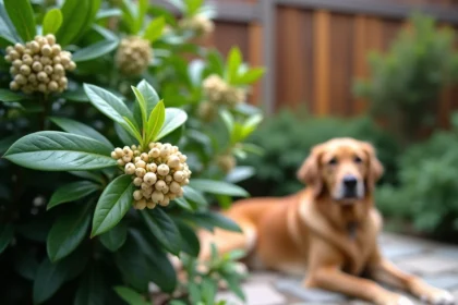 Arbuste oranger du Mexique avec fruits blancs dans un jardin, chien golden retriever assis à proximité sur un chemin en pierre