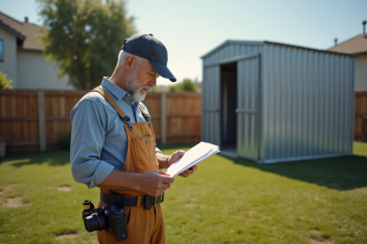 Homme en overalls lisant un permis près d'un hangar métallique en banlieue