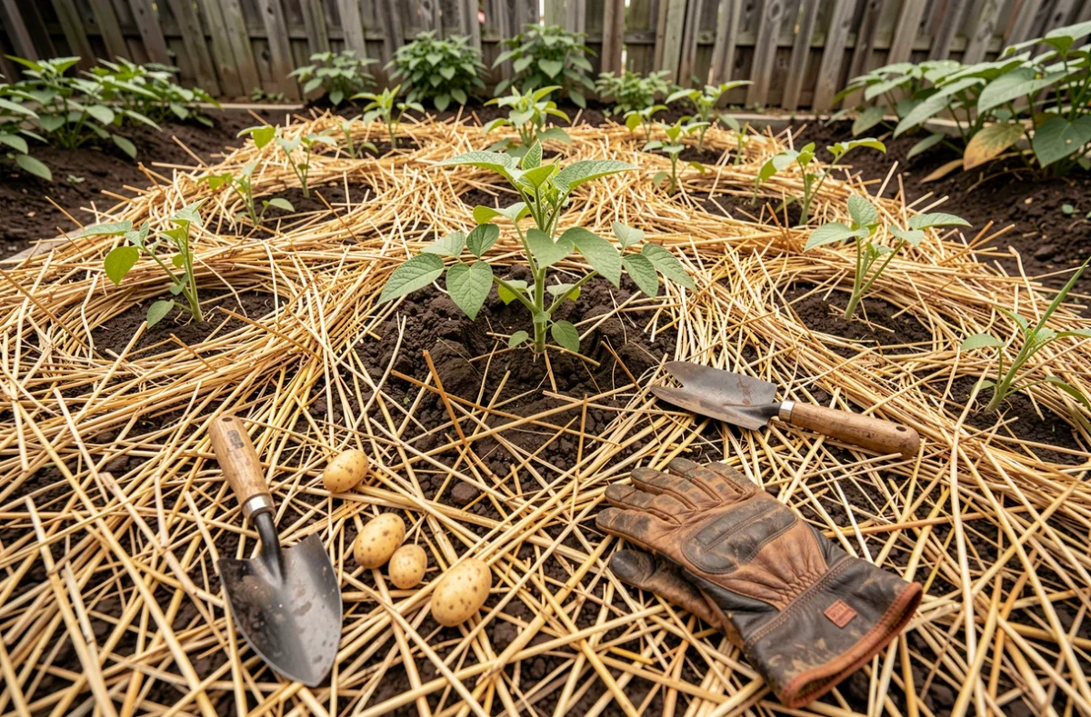 Paillage de paille autour des plants de pommes de terre colombia dans un potager bien entretenu