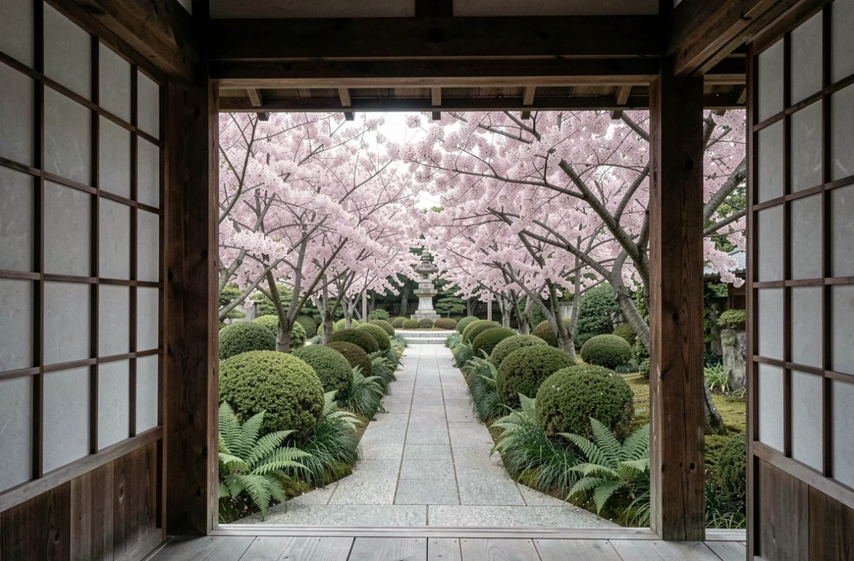 Vue depuis un pavillon japonais traditionnel sur une allée de cerisiers en fleurs roses dans un jardin paysager avec pagode en pierre