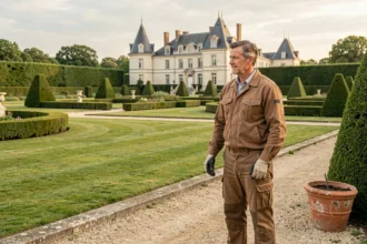 Paysagiste professionnel inspectant un jardin soigné en Centre-Val de Loire avec architecture de château en arrière-plan