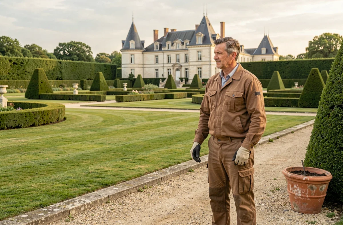 Paysagiste professionnel inspectant un jardin soigné en Centre-Val de Loire avec architecture de château en arrière-plan