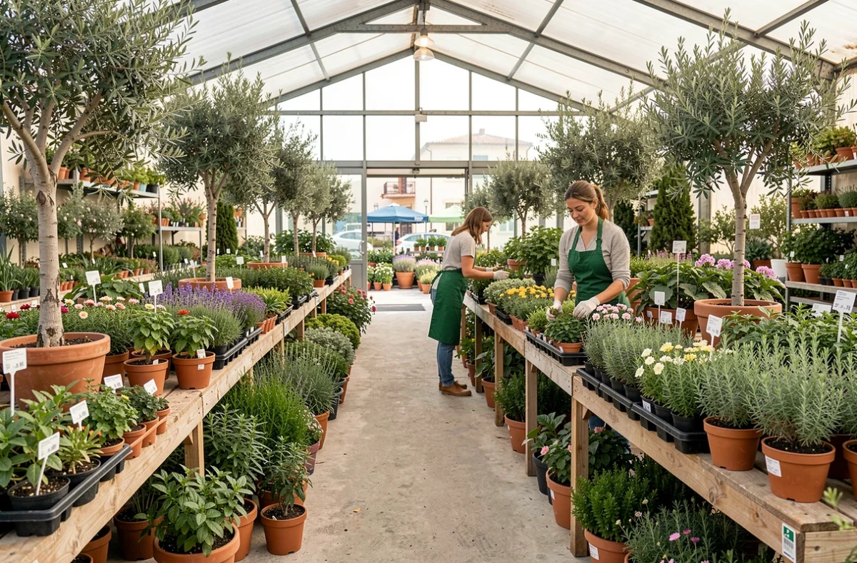 Pépinière Joli Jardin avec ses rangées de plantes méditerranéennes en pots et une conseillère aidant un client à Marseille