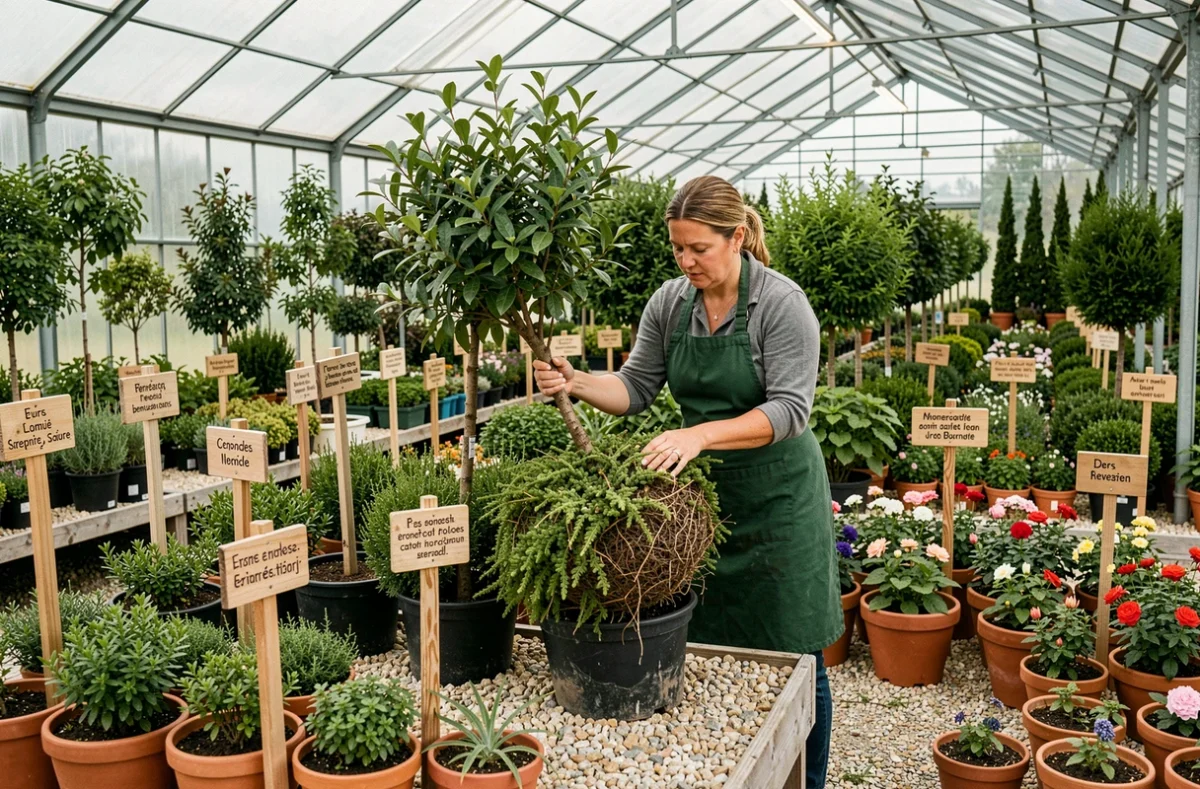 Pépinière bretonne avec rangées de plantes en pot et arbustes sous serre, employée inspectant les racines