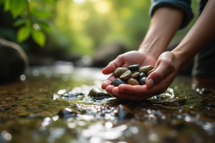 Personne ramassant des pierres lisses dans une rivière en pleine nature