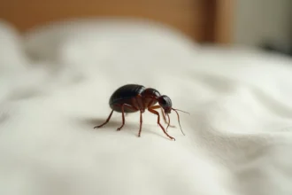 Gros plan macro d'une petite bête noire sur un drap blanc de chambre à coucher, solution naturelle contre les puces