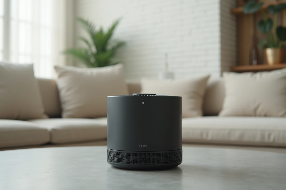 Gros plan sur un piège à moustique électrique avec finition noire mate posé sur du béton gris dans un intérieur moderne