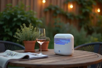 Piège à moustique électrique posé sur une table de jardin en bois entourée de plantes en pot dans un jardin français