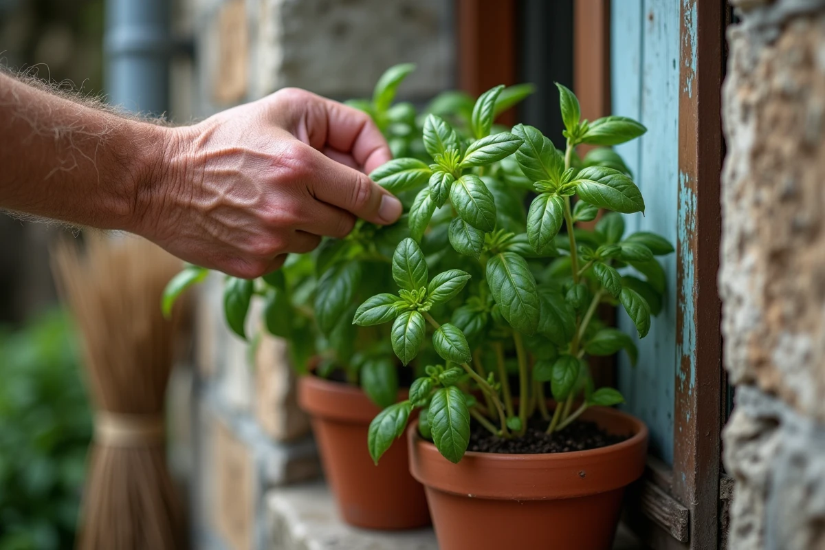 Gros plan sur des mains retirant les fleurs d'un basilic en pot pour prolonger la production