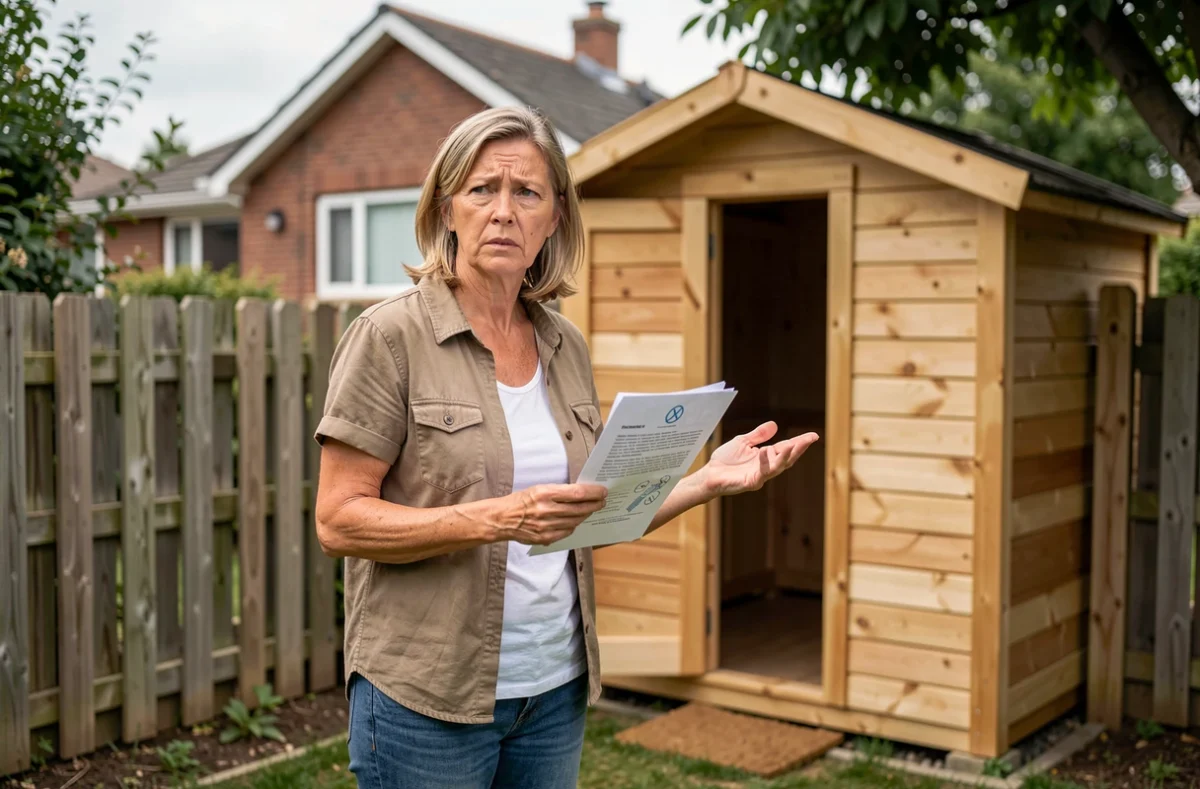 Propriétaire montrant un document de plainte devant un cabanon installé trop près de la clôture du voisin dans un jardin résidentiel