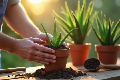Main plantant un aloe vera dans un pot en céramique ensoleillé