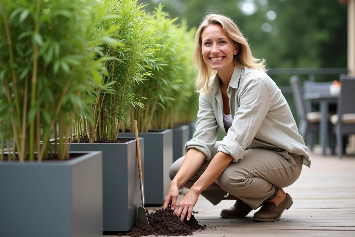 Femme plantant un bambou non traçant dans un bac sur une terrasse en bois, geste de jardinage naturel et réaliste