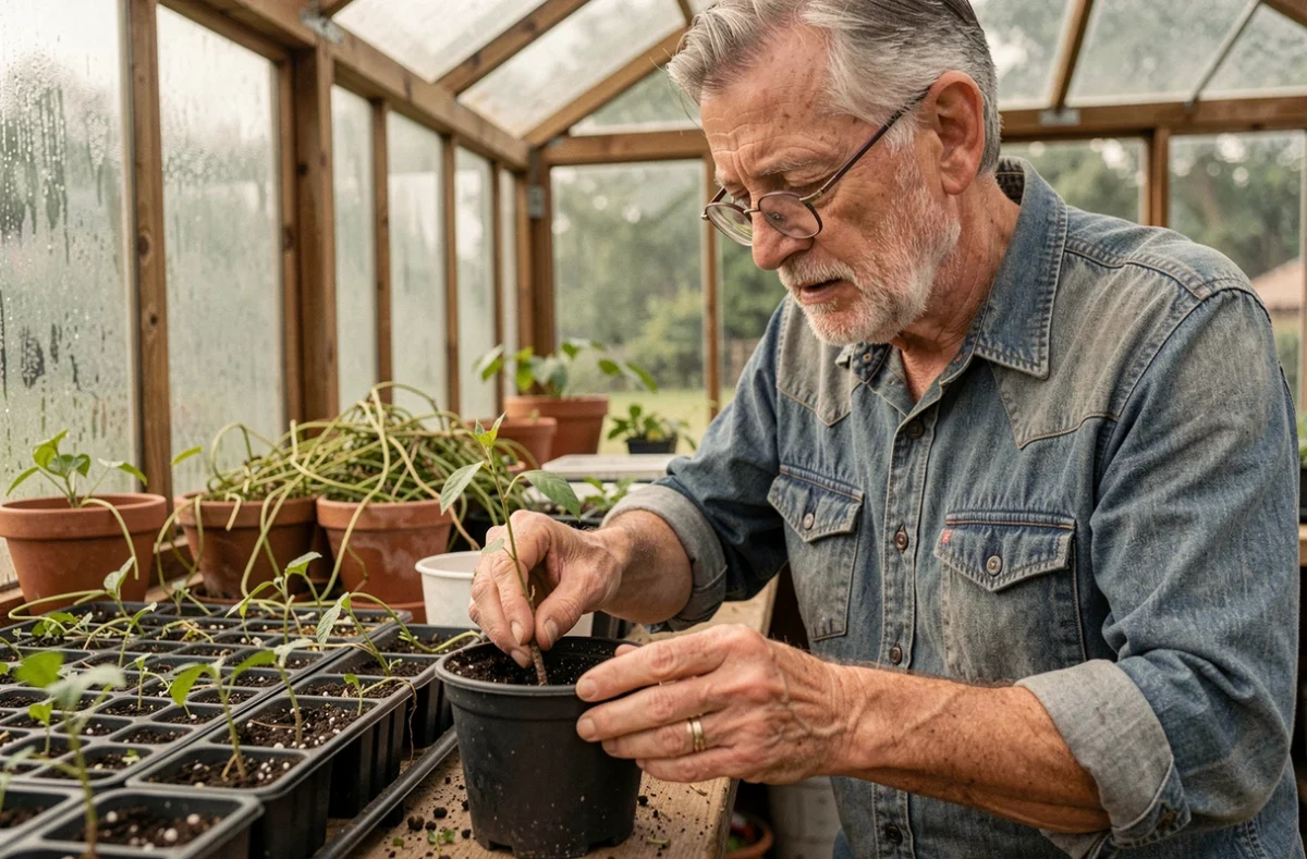 Homme âgé insérant une bouture de chèvrefeuille taillée dans un pot de compost dans une serre de jardin
