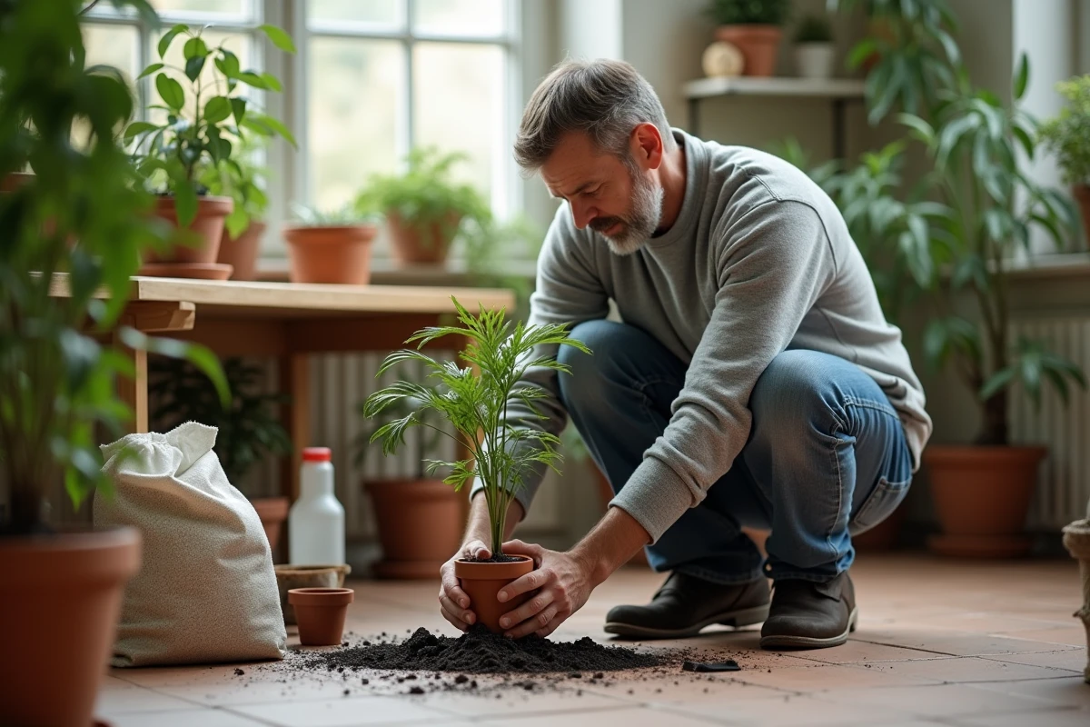 Homme plantant une bouture de vigne vierge dans un pot de terreau à l'intérieur